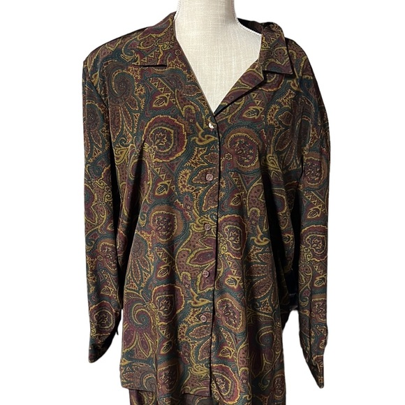NWT Elisabeth 2 Piece Long Sleeve Button Up Blouse Skirt Brown Paisley Womens 22 - Picture 4 of 8